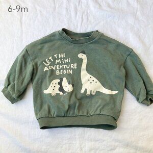 🪴5/$30 H&M 6-9 Months Baby Green Dinosaur Crewneck Sweatshirt Loose Fit